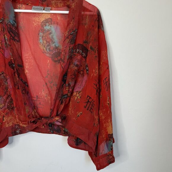 Chicos Womens Sz 1 M/8 Red Silk Asian Lantern Kimono Open Tie Front Blouse Top - Picture 4 of 12
